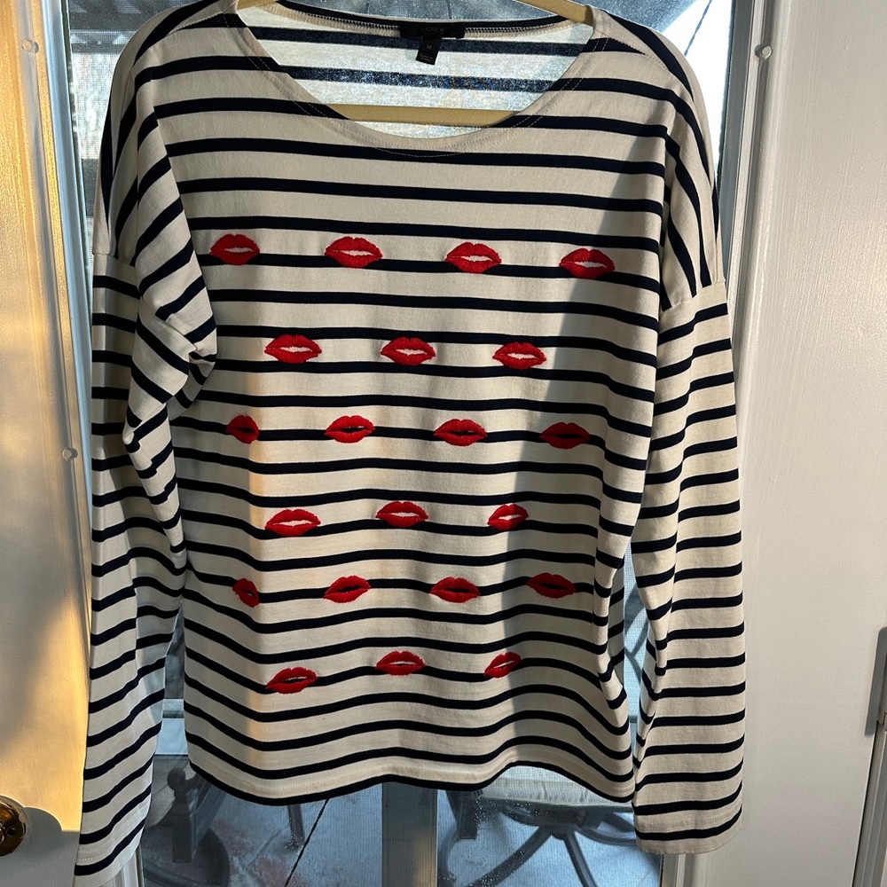 J. Crew Striped Top with Red Lips Design Size M